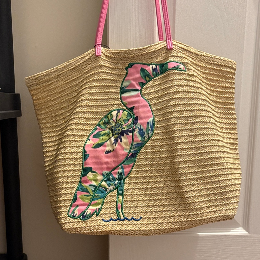 Vera Bradley Tan Tote with Pink and Green Bird Design